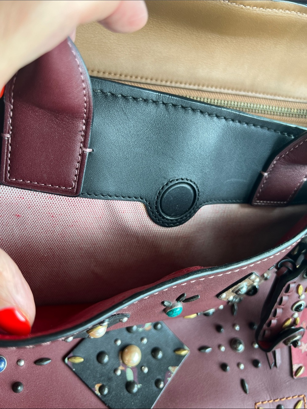 COACH Burgundy Leather Studded Satchel with Multicolor Accent Studs View 5
